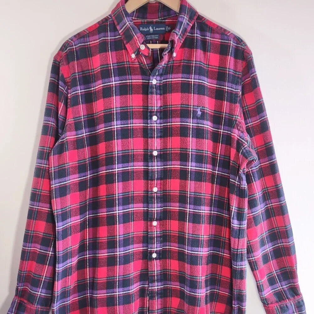 Ralph Lauren Mens Plaid Flannel Shirt Size XL Polo Pony Custom Fit Long Sleeve